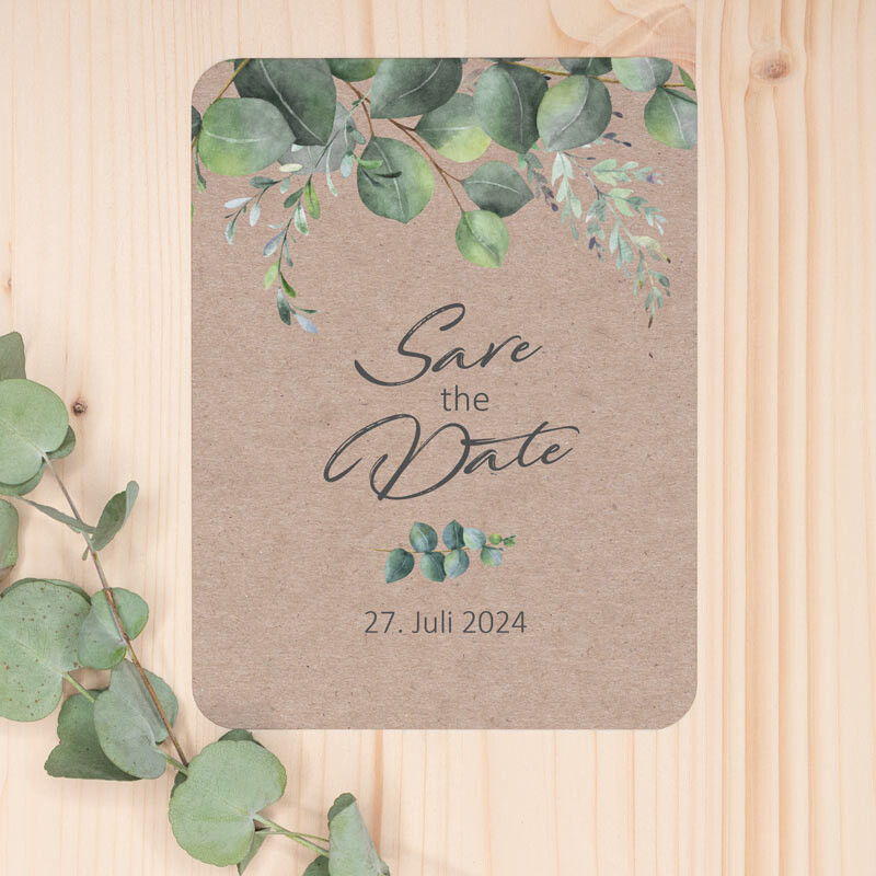 Save the Date Karte Eukalyptus Ranken Kraftpapier