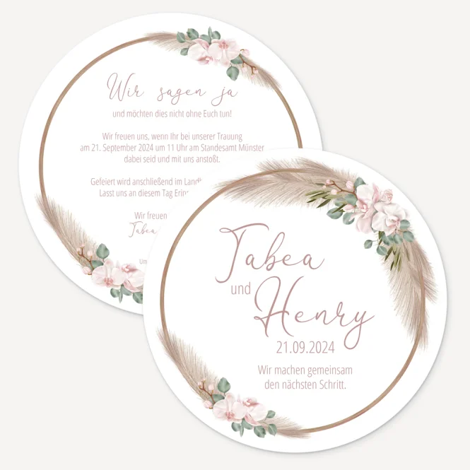 Hochzeitseinladung Boho Pampas rund