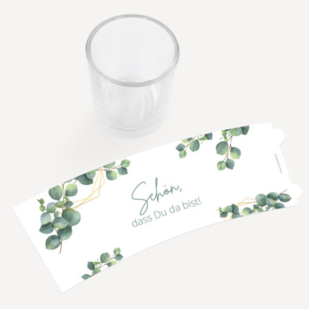 Gastgeschenk Tischkarte Windlicht "Eukalyptus Geometrie" inkl. Glas "Schön, dass Du da bist!"