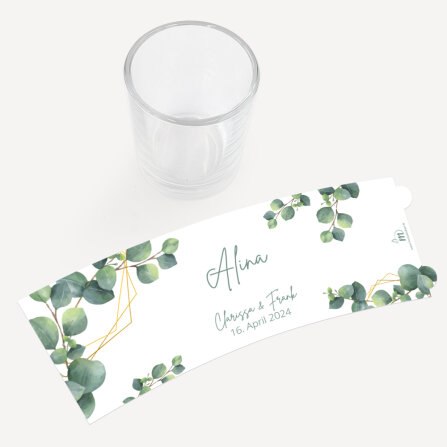 Tischkarte Windlicht "Eukalyptus Geometrie" inkl. Glas inkl. Personalisierung