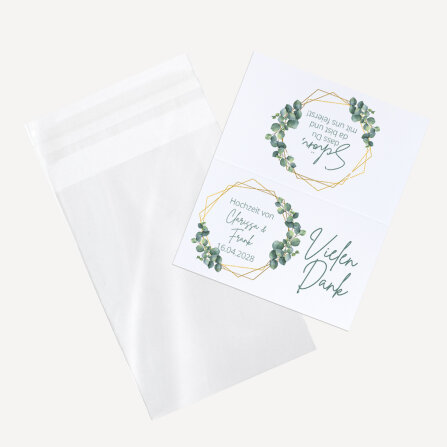 Gastgeschenk Tüte transparent mit Etikett "Eukalyptus Geometrie" online selbst gestalten