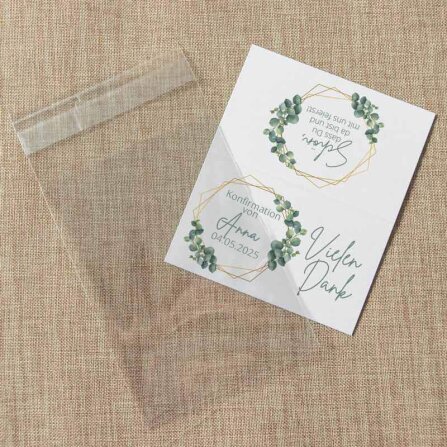 Gastgeschenk Tüte transparent mit Etikett "Eukalyptus Geometrie" online selbst gestalten