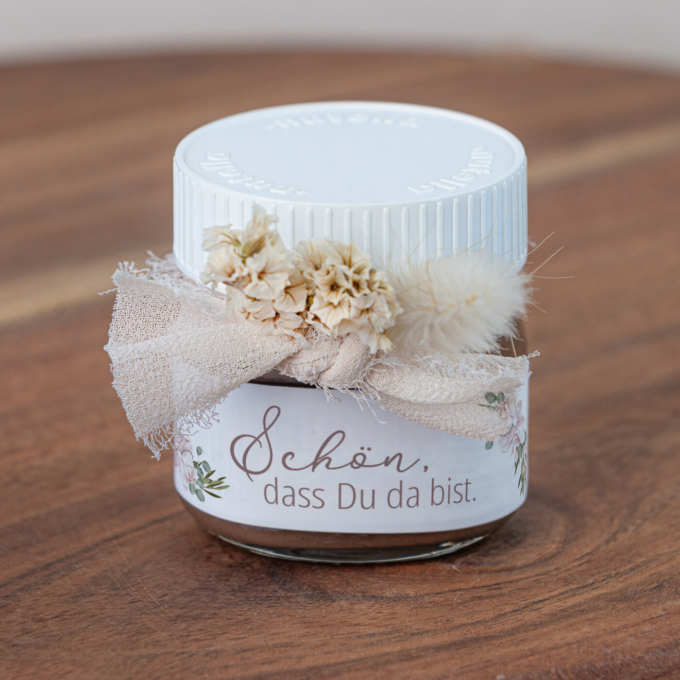 Gastgeschenk Mini Nutella Glas mit Aufkleber "Boho Pampas" Schön, dass du da bist!