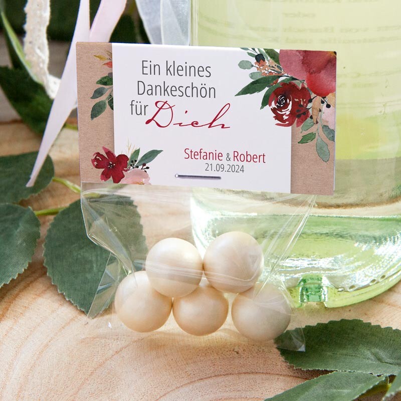 Gastgeschenk Tüte transparent mit Etikett "Vintage rote Blumen"