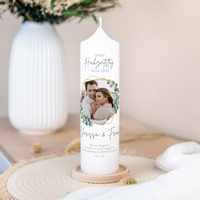 Hochzeitskerze Eukalyptus Geometrie mit Foto