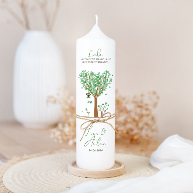 Hochzeitskerze Baum Herzen mit Juteband
