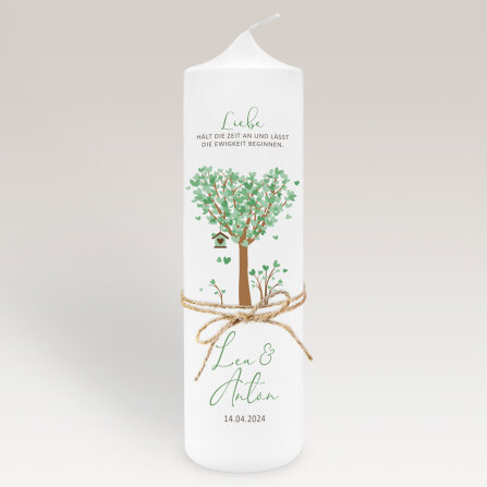 Hochzeitskerze Baum Herzen mit Juteband gruen