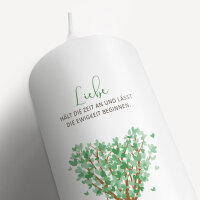 Hochzeitskerze Baum Herzen mit Juteband gruen