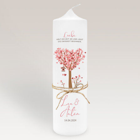 Hochzeitskerze Baum Herzen mit Juteband rosa