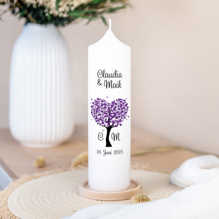 Hochzeitskerze Herzbaum lila