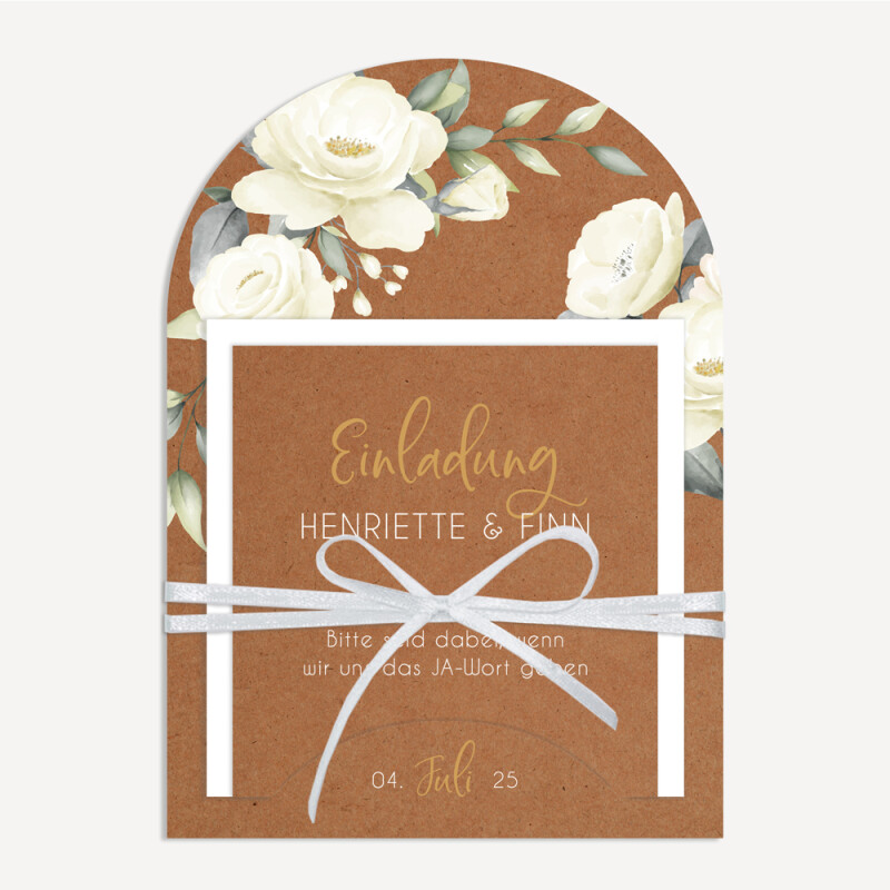 Hochzeitseinladung halbrund "weiße Blumen" Kraftpapier Look