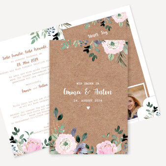 Hochzeitseinladung "Blumen" Kraftpapier Look