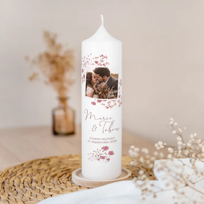 Hochzeitskerze Trockenblumen Blush mit Foto