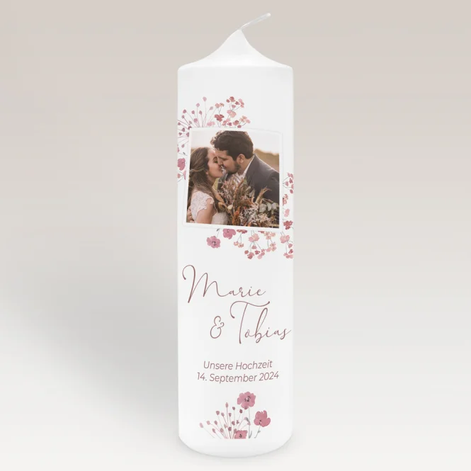Hochzeitskerze Trockenblumen Blush mit Foto