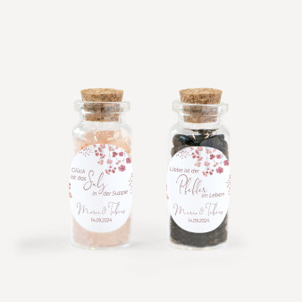 Gastgeschenk Mini Glasröhrchen mit Aufkleber Salz & Pfeffer "Trockenblumen Blush" 2er Set