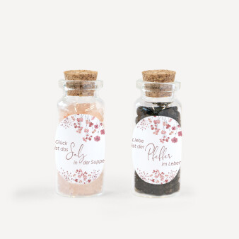 Gastgeschenk Mini Glasröhrchen mit Aufkleber Salz & Pfeffer Trockenblumen Blush 2er Set