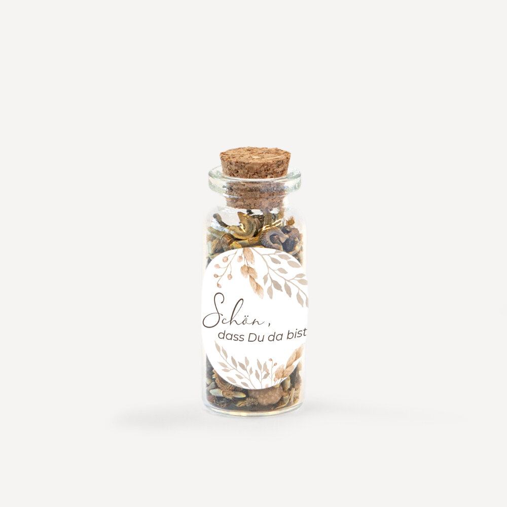 Gastgeschenk Mini Glasröhrchen mit Aufkleber "Trockengras" Schön, dass Du da bist!