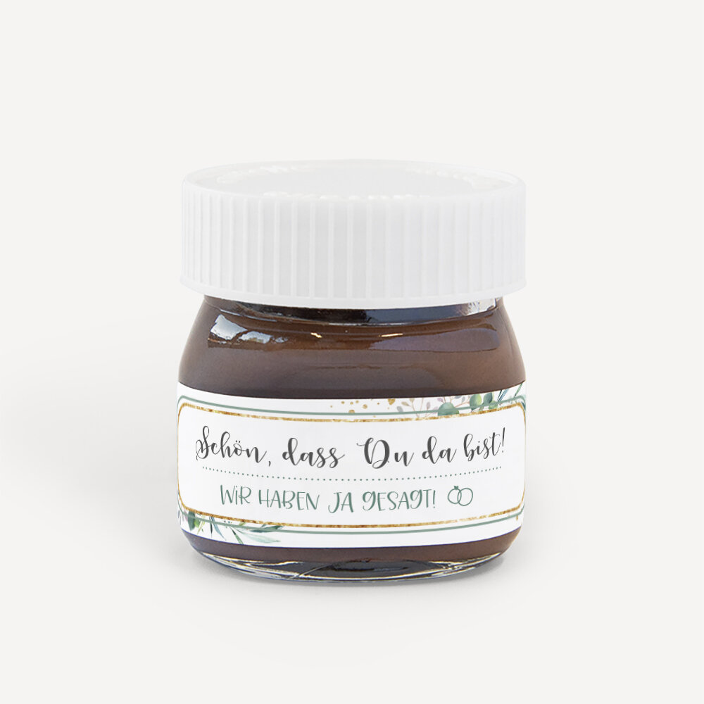 Gastgeschenk Mini Nutella Glas "Aquarell Eukalyptus Zweige" Schön, dass Du da bist!