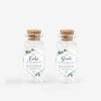 Gastgeschenk Mini Glasröhrchen mit Aufkleber Salz & Pfeffer Aquarell Eukalyptus Zweige 2er Set
