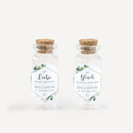 Gastgeschenk Mini Glasröhrchen mit Aufkleber Salz & Pfeffer "Aquarell Eukalyptus Zweige" 2er Set online selbst gestalten
