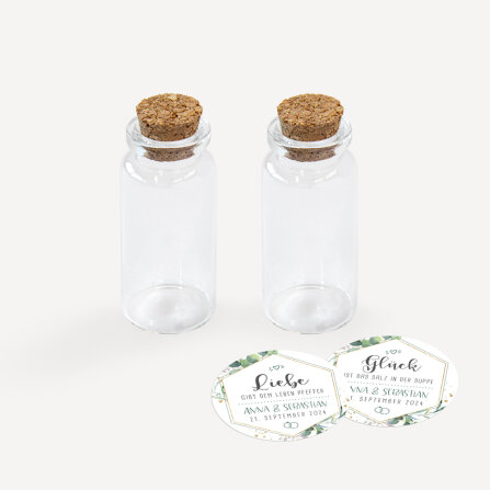 Gastgeschenk Mini Glasröhrchen mit Aufkleber Salz & Pfeffer "Aquarell Eukalyptus Zweige" 2er Set online selbst gestalten