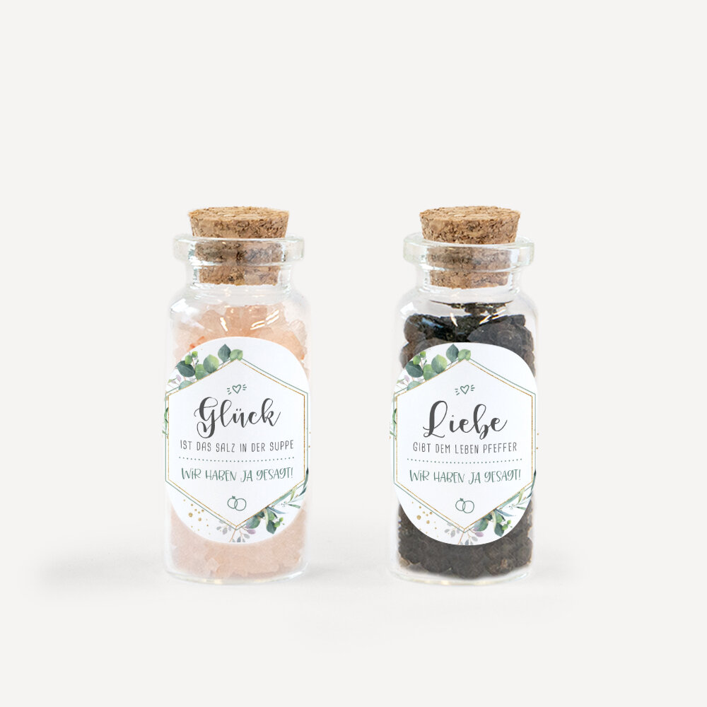Gastgeschenk Mini Glasröhrchen mit Aufkleber Salz & Pfeffer "Aquarell Eukalyptus Zweige" 2er Set unpersonalisiert