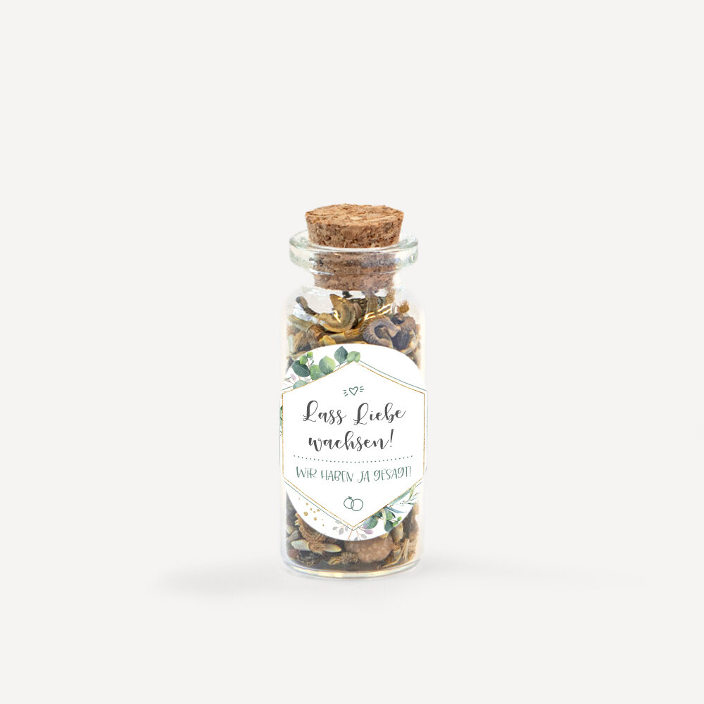 Gastgeschenk Mini Glasröhrchen mit Aufkleber "Aquarell Eukalyptus Zweige" Lass Liebe wachsen