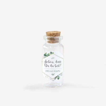 Gastgeschenk Mini Glasröhrchen mit Aufkleber "Aquarell Eukalyptus Zweige" Schön, dass Du da bist!