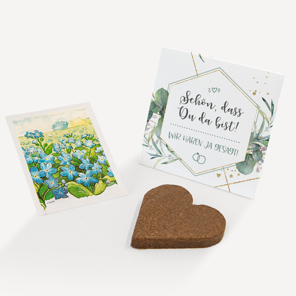 Gastgeschenk Anzuchtset Herz "Aquarell Eukalyptus Zweige" Vergissmeinnicht Schön, dass Du da bist!