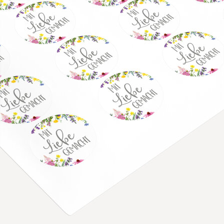 40 x Aufkleber "Wildblumen" 3 cm Mit Liebe gemacht
