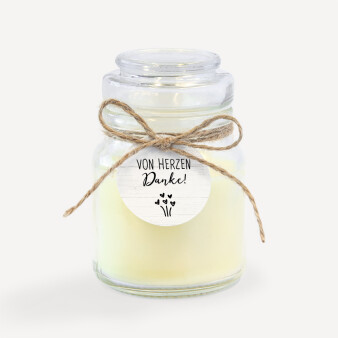 Duftkerze Vanille im Apothekerglas + Anhänger "Liebesgeschichte"