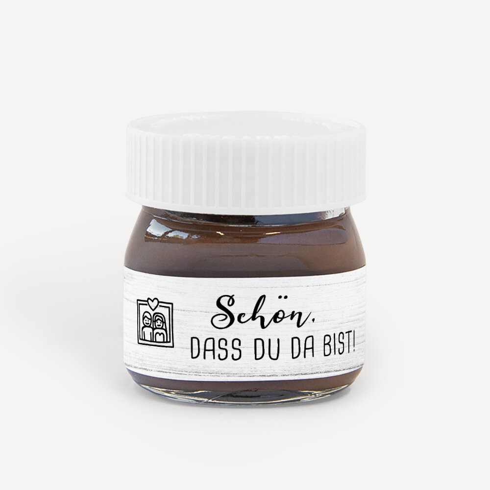 Gastgeschenk Mini Nutella Glas "Liebesgeschichte" Schön, dass Du da bist!