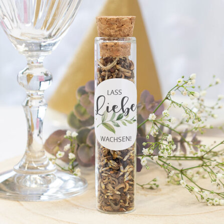 Gastgeschenk Glasröhrchen mit Korken und Aufkleber "Green Magic" Lass Liebe wachsen