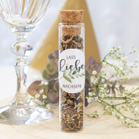 Gastgeschenk Glasröhrchen mit Korken und Aufkleber "Green Magic" Lass Liebe wachsen