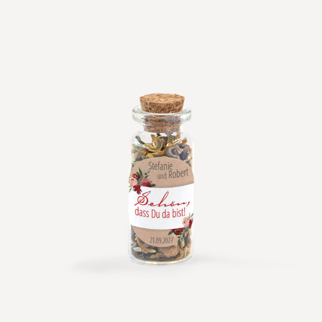 Gastgeschenk Mini Glasröhrchen mit Aufkleber "Vintage rote Blumen"