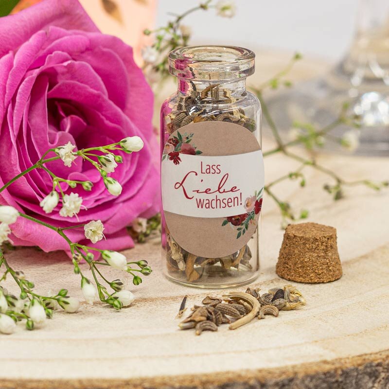 Gastgeschenk Mini Glasröhrchen mit Aufkleber "Vintage rote Blumen" Lass Liebe wachsen