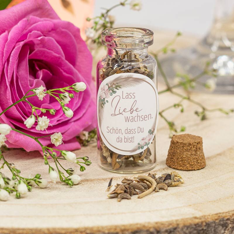 Gastgeschenk Mini Glasröhrchen mit Aufkleber "Boho Pampas" Lass Liebe wachsen