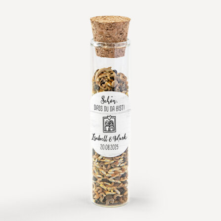 Gastgeschenk Glasröhrchen mit Korken und Aufkleber...