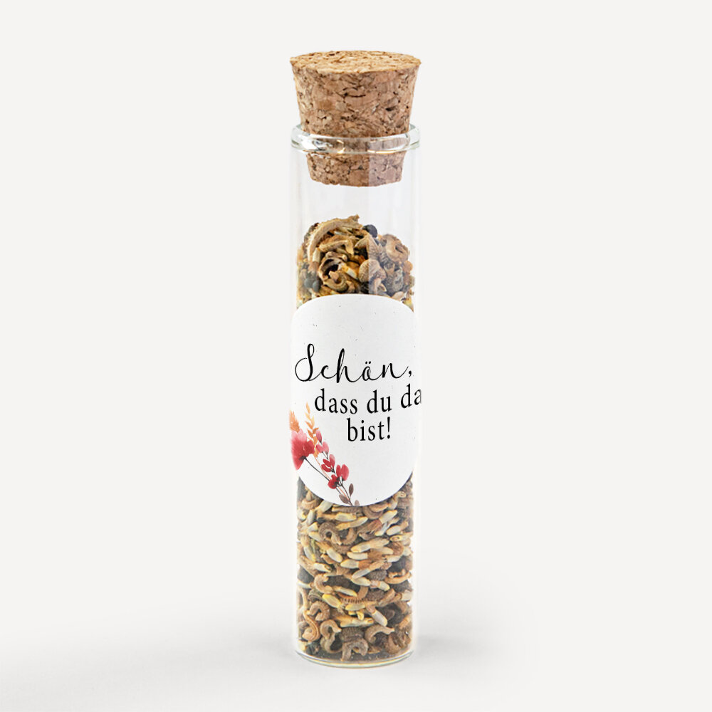 Gastgeschenk Glasröhrchen mit Korken und Aufkleber "Trockenblumen Mohn" Schön, dass du da bist!