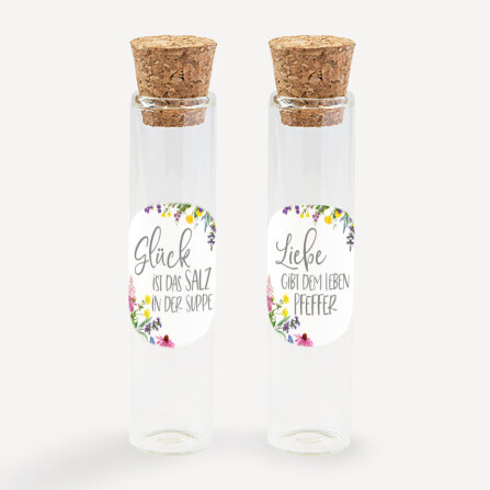 Gastgeschenk Glasröhrchen mit Aufkleber Salz & Pfeffer "Wildblumen" 2er Set unpersonalisiert