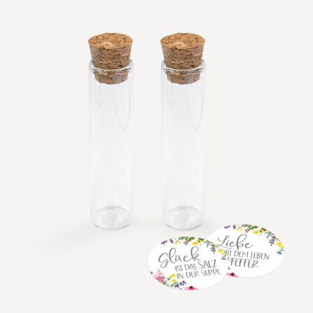 Gastgeschenk Glasröhrchen mit Aufkleber Salz & Pfeffer "Wildblumen" 2er Set unpersonalisiert