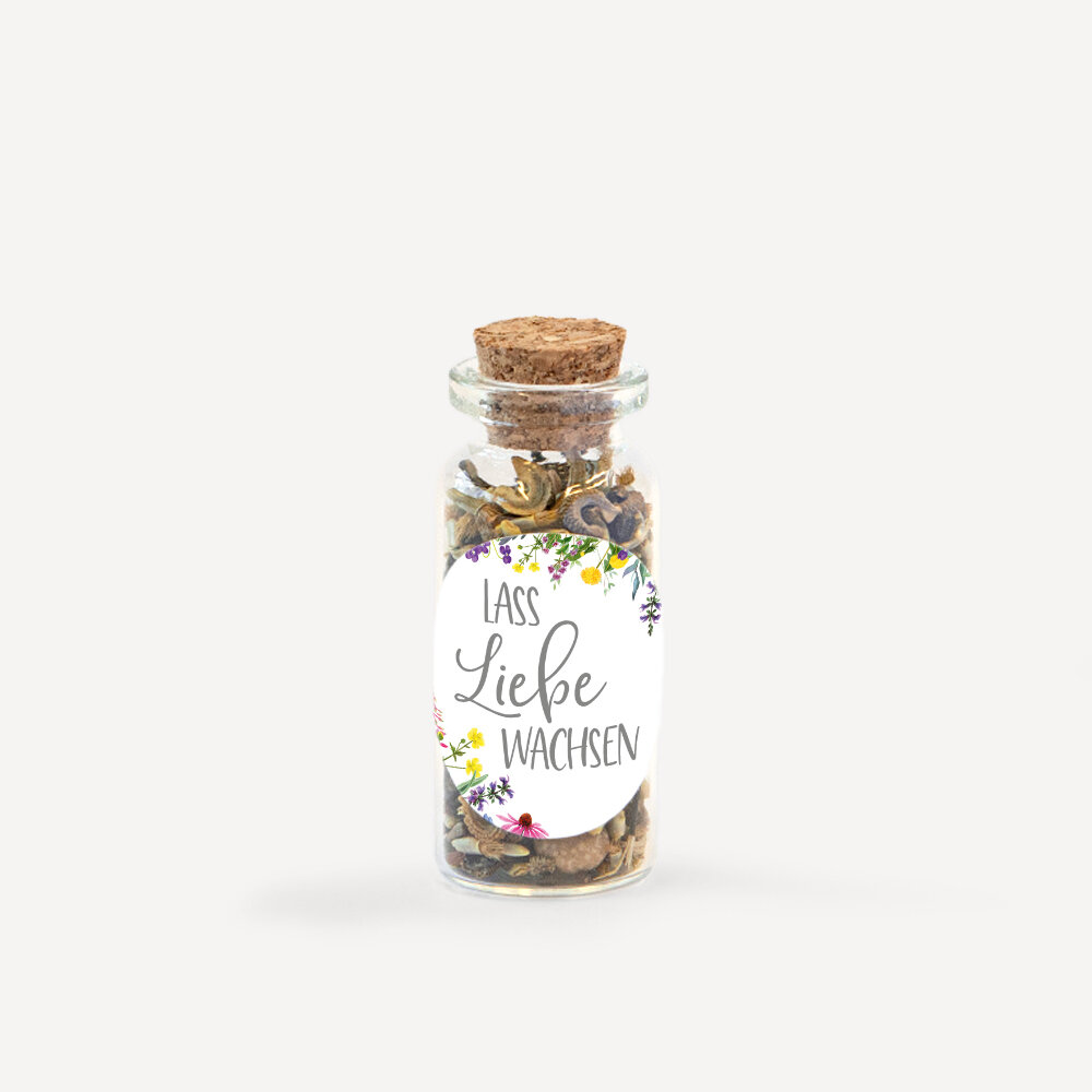 Gastgeschenk Mini Glasröhrchen mit Aufkleber "Wildblumen" Lass Liebe wachsen