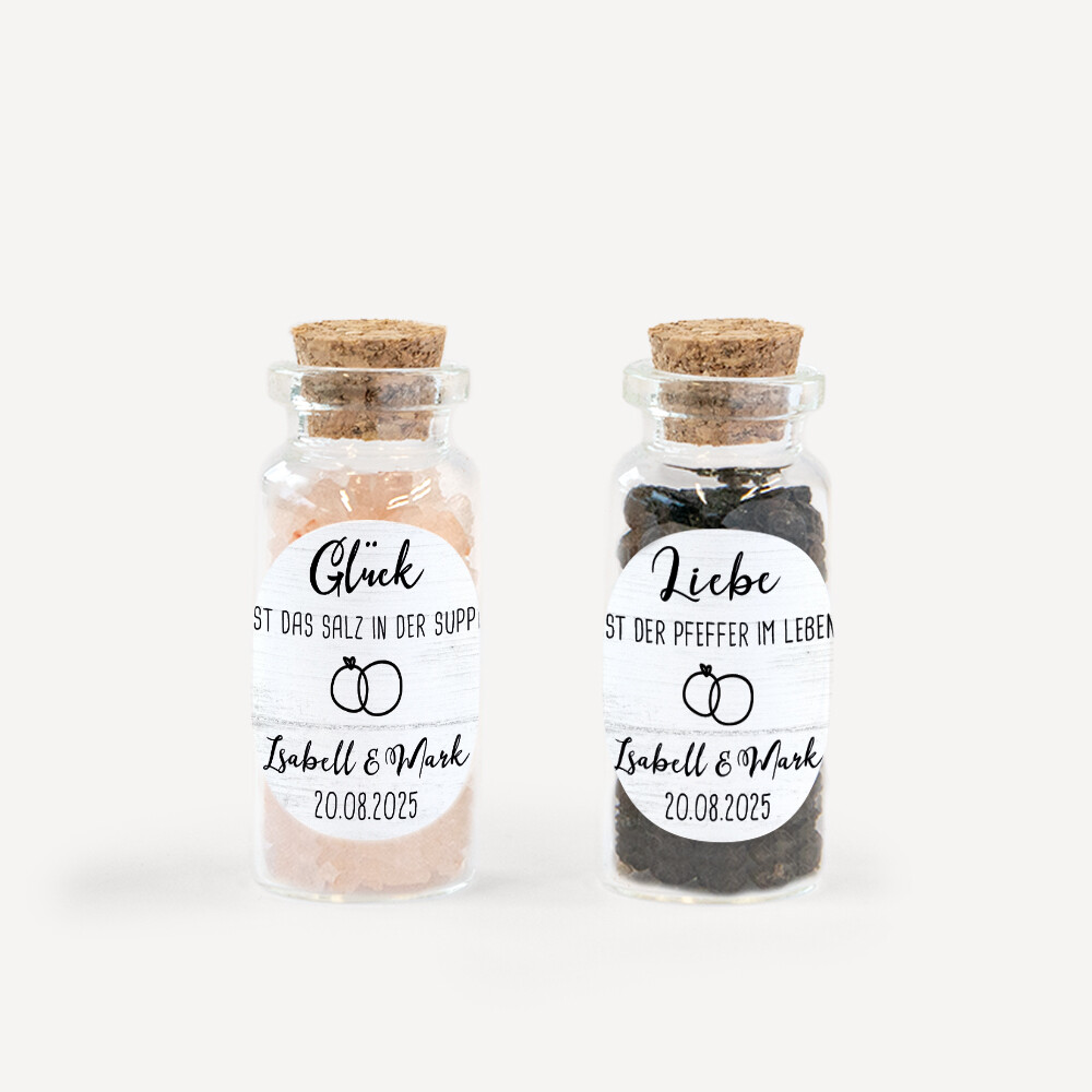 Gastgeschenk Mini Glasröhrchen mit Aufkleber Salz & Pfeffer Liebesgeschichte 2er Set