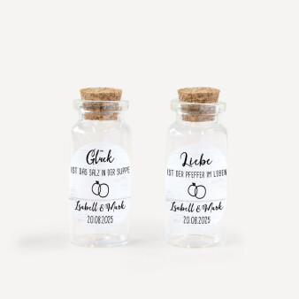 Gastgeschenk Mini Glasröhrchen mit Aufkleber Salz & Pfeffer Liebesgeschichte 2er Set