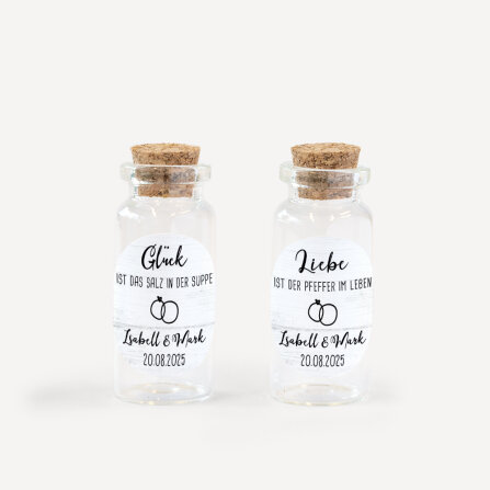 Gastgeschenk Mini Glasröhrchen mit Aufkleber Salz & Pfeffer "Liebesgeschichte" 2er Set online selbst gestalten