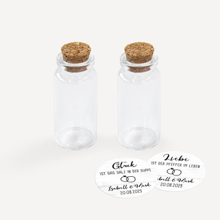 Gastgeschenk Mini Glasröhrchen mit Aufkleber Salz & Pfeffer "Liebesgeschichte" 2er Set online selbst gestalten