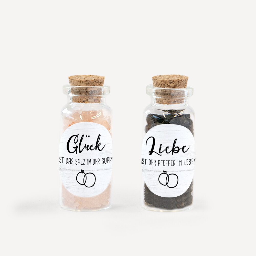 Gastgeschenk Mini Glasröhrchen mit Aufkleber Salz & Pfeffer "Liebesgeschichte" 2er Set unpersonalisiert