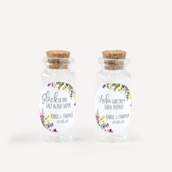 Gastgeschenk Mini Glasröhrchen mit Aufkleber Salz & Pfeffer Wildblumen 2er Set
