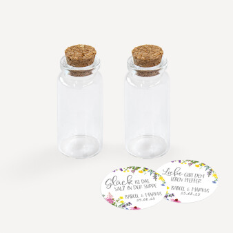Gastgeschenk Mini Glasröhrchen mit Aufkleber Salz & Pfeffer Wildblumen 2er Set