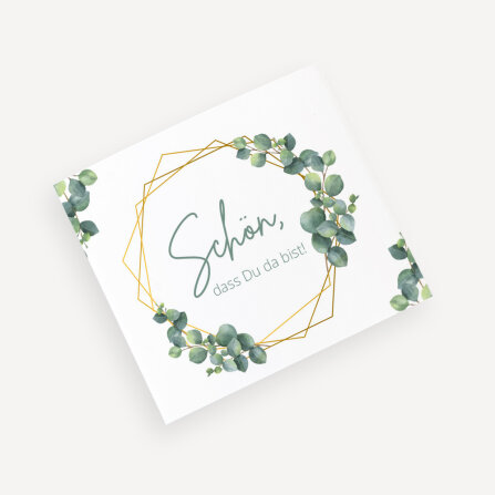 Gastgeschenk Banderole Mini Schokolade "Eukalyptus Geometrie" Schön, dass Du da bist!
